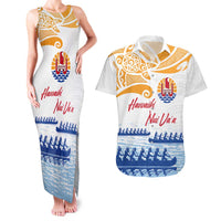 Personalised Hawaiki Nui Va'a French Polynesian Pattern Couples Matching Tank Maxi Dress and Hawaiian Shirt White Color LT03 White - Polynesian Pride