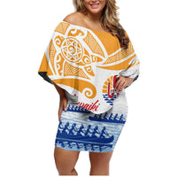 Personalised Hawaiki Nui Va'a French Polynesian Pattern Family Matching Off Shoulder Short Dress and Hawaiian Shirt White Color LT03 Mom's Dress White - Polynesian Pride