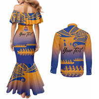 Personalised Hawaiki Nui Va'a French Polynesian Pattern Couples Matching Mermaid Dress and Long Sleeve Button Shirt Sunset Color LT03 - Polynesian Pride