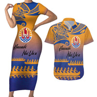 Personalised Hawaiki Nui Va'a French Polynesian Pattern Couples Matching Short Sleeve Bodycon Dress and Hawaiian Shirt Sunset Color LT03 Yellow - Polynesian Pride