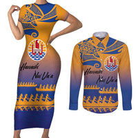 Personalised Hawaiki Nui Va'a French Polynesian Pattern Couples Matching Short Sleeve Bodycon Dress and Long Sleeve Button Shirt Sunset Color LT03 Yellow - Polynesian Pride