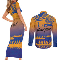 Personalised Hawaiki Nui Va'a French Polynesian Pattern Couples Matching Short Sleeve Bodycon Dress and Long Sleeve Button Shirt Sunset Color LT03 - Polynesian Pride