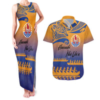 Personalised Hawaiki Nui Va'a French Polynesian Pattern Couples Matching Tank Maxi Dress and Hawaiian Shirt Sunset Color LT03 Yellow - Polynesian Pride
