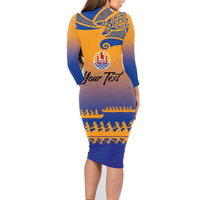 Personalised Hawaiki Nui Va'a French Polynesian Pattern Family Matching Long Sleeve Bodycon Dress and Hawaiian Shirt Sunset Color LT03 - Polynesian Pride