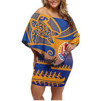 Personalised Hawaiki Nui Va'a French Polynesian Pattern Family Matching Off Shoulder Short Dress and Hawaiian Shirt Sunset Color LT03 Mom's Dress Yellow - Polynesian Pride