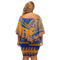 Personalised Hawaiki Nui Va'a French Polynesian Pattern Family Matching Off Shoulder Short Dress and Hawaiian Shirt Sunset Color LT03 - Polynesian Pride