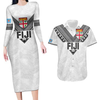 Custom Rugby Fiji Couples Matching Long Sleeve Bodycon Dress and Hawaiian Shirt Fijian Masi Tribal Sporty Style White Color LT03 White - Polynesian Pride