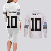 Custom Rugby Fiji Couples Matching Long Sleeve Bodycon Dress and Long Sleeve Button Shirt Fijian Masi Tribal Sporty Style White Color LT03 - Polynesian Pride