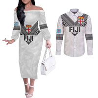 Custom Rugby Fiji Couples Matching Off The Shoulder Long Sleeve Dress and Long Sleeve Button Shirt Fijian Masi Tribal Sporty Style White Color LT03 White - Polynesian Pride