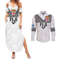Custom Rugby Fiji Couples Matching Summer Maxi Dress and Long Sleeve Button Shirt Fijian Masi Tribal Sporty Style White Color LT03 White - Polynesian Pride