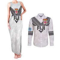 Custom Rugby Fiji Couples Matching Tank Maxi Dress and Long Sleeve Button Shirt Fijian Masi Tribal Sporty Style White Color LT03 White - Polynesian Pride