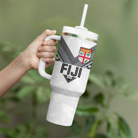 Custom Rugby Fiji Tumbler With Handle Fijian Masi Tribal Sporty Style White Color LT03 - Polynesian Pride