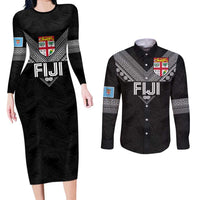 Custom Rugby Fiji Couples Matching Long Sleeve Bodycon Dress and Long Sleeve Button Shirt Fijian Masi Tribal Sporty Style Black Color LT03 Black - Polynesian Pride