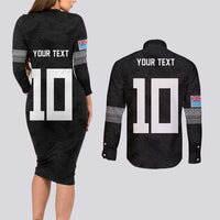 Custom Rugby Fiji Couples Matching Long Sleeve Bodycon Dress and Long Sleeve Button Shirt Fijian Masi Tribal Sporty Style Black Color LT03 - Polynesian Pride