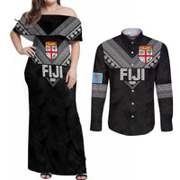 Custom Rugby Fiji Couples Matching Off Shoulder Maxi Dress and Long Sleeve Button Shirt Fijian Masi Tribal Sporty Style Black Color LT03 Black - Polynesian Pride