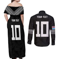 Custom Rugby Fiji Couples Matching Off Shoulder Maxi Dress and Long Sleeve Button Shirt Fijian Masi Tribal Sporty Style Black Color LT03 - Polynesian Pride