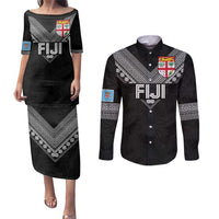 Custom Rugby Fiji Couples Matching Puletasi and Long Sleeve Button Shirt Fijian Masi Tribal Sporty Style Black Color LT03 Black - Polynesian Pride