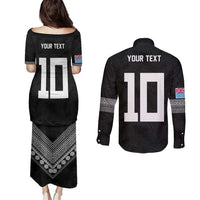 Custom Rugby Fiji Couples Matching Puletasi and Long Sleeve Button Shirt Fijian Masi Tribal Sporty Style Black Color LT03 - Polynesian Pride