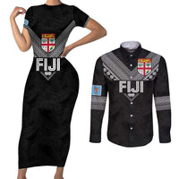 Custom Rugby Fiji Couples Matching Short Sleeve Bodycon Dress and Long Sleeve Button Shirt Fijian Masi Tribal Sporty Style Black Color LT03 Black - Polynesian Pride