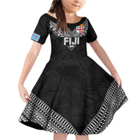 Custom Rugby Fiji Family Matching Off Shoulder Short Dress and Hawaiian Shirt Fijian Masi Tribal Sporty Style Black Color LT03 Daughter's Dress Black - Polynesian Pride