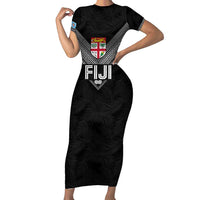 Custom Rugby Fiji Family Matching Short Sleeve Bodycon Dress and Hawaiian Shirt Fijian Masi Tribal Sporty Style Black Color LT03 Mom's Dress Black - Polynesian Pride