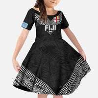 Custom Rugby Fiji Family Matching Summer Maxi Dress and Hawaiian Shirt Fijian Masi Tribal Sporty Style Black Color LT03 Daughter's Dress Black - Polynesian Pride