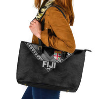 Rugby Fiji Leather Tote Bag Fijian Masi Tribal Sporty Style Black Color LT03 Black - Polynesian Pride