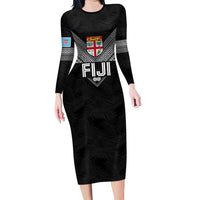 Custom Rugby Fiji Long Sleeve Bodycon Dress Fijian Masi Tribal Sporty Style Black Color LT03 Long Dress Black - Polynesian Pride