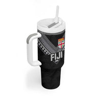 Custom Rugby Fiji Tumbler With Handle Fijian Masi Tribal Sporty Style Black Color LT03 - Polynesian Pride