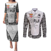 Custom Fiji Pacific Rugby 2024 Couples Matching Puletasi and Long Sleeve Button Shirt Tapa Tribal and Fijian Masi Pattern LT03 White - Polynesian Pride
