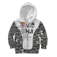 Custom Fiji Pacific Rugby 2024 Kid Hoodie Tapa Tribal and Fijian Masi Pattern LT03 Zip Hoodie White - Polynesian Pride