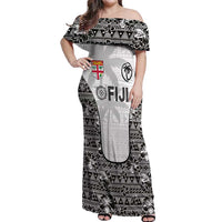 Custom Fiji Pacific Rugby 2024 Off Shoulder Maxi Dress Tapa Tribal and Fijian Masi Pattern LT03 Women White - Polynesian Pride