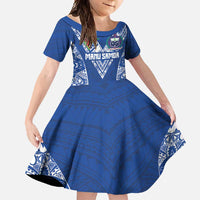 Custom Samoa Pacific Rugby 2024 Family Matching Long Sleeve Bodycon Dress and Hawaiian Shirt Polynesian Pacific Tribal Pattern LT03 Daughter's Dress Blue - Polynesian Pride