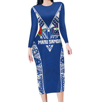 Custom Samoa Pacific Rugby 2024 Family Matching Long Sleeve Bodycon Dress and Hawaiian Shirt Polynesian Pacific Tribal Pattern LT03 Mom's Dress Blue - Polynesian Pride