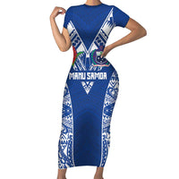 Custom Samoa Pacific Rugby 2024 Family Matching Short Sleeve Bodycon Dress and Hawaiian Shirt Polynesian Pacific Tribal Pattern LT03 Mom's Dress Blue - Polynesian Pride