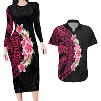 Hawaiian Tropical Plumeria Art Polynesian Tattoo Couples Matching Long Sleeve Bodycon Dress and Hawaiian Shirt Black and Bright Pink Color LT03 Pink - Polynesian Pride