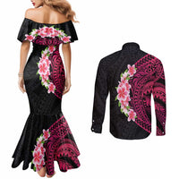 Hawaiian Tropical Plumeria Art Polynesian Tattoo Couples Matching Mermaid Dress and Long Sleeve Button Shirt Black and Bright Pink Color LT03 - Polynesian Pride