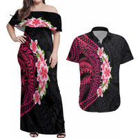 Hawaiian Tropical Plumeria Art Polynesian Tattoo Couples Matching Off Shoulder Maxi Dress and Hawaiian Shirt Black and Bright Pink Color LT03 Pink - Polynesian Pride