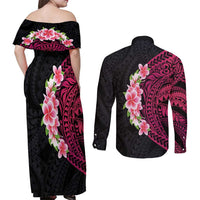 Hawaiian Tropical Plumeria Art Polynesian Tattoo Couples Matching Off Shoulder Maxi Dress and Long Sleeve Button Shirt Black and Bright Pink Color LT03 - Polynesian Pride