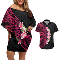 Hawaiian Tropical Plumeria Art Polynesian Tattoo Couples Matching Off Shoulder Short Dress and Hawaiian Shirt Black and Bright Pink Color LT03 Pink - Polynesian Pride