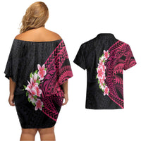 Hawaiian Tropical Plumeria Art Polynesian Tattoo Couples Matching Off Shoulder Short Dress and Hawaiian Shirt Black and Bright Pink Color LT03 - Polynesian Pride
