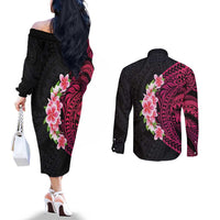 Hawaiian Tropical Plumeria Art Polynesian Tattoo Couples Matching Off The Shoulder Long Sleeve Dress and Long Sleeve Button Shirt Black and Bright Pink Color LT03 - Polynesian Pride