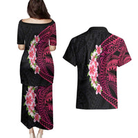 Hawaiian Tropical Plumeria Art Polynesian Tattoo Couples Matching Puletasi and Hawaiian Shirt Black and Bright Pink Color LT03 - Polynesian Pride