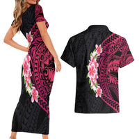 Hawaiian Tropical Plumeria Art Polynesian Tattoo Couples Matching Short Sleeve Bodycon Dress and Hawaiian Shirt Black and Bright Pink Color LT03 - Polynesian Pride