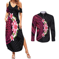 Hawaiian Tropical Plumeria Art Polynesian Tattoo Couples Matching Summer Maxi Dress and Long Sleeve Button Shirt Black and Bright Pink Color LT03 Pink - Polynesian Pride