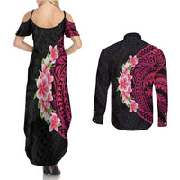 Hawaiian Tropical Plumeria Art Polynesian Tattoo Couples Matching Summer Maxi Dress and Long Sleeve Button Shirt Black and Bright Pink Color LT03 - Polynesian Pride