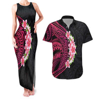 Hawaiian Tropical Plumeria Art Polynesian Tattoo Couples Matching Tank Maxi Dress and Hawaiian Shirt Black and Bright Pink Color LT03 Pink - Polynesian Pride