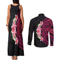 Hawaiian Tropical Plumeria Art Polynesian Tattoo Couples Matching Tank Maxi Dress and Long Sleeve Button Shirt Black and Bright Pink Color LT03 - Polynesian Pride