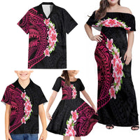 Hawaiian Tropical Plumeria Art Polynesian Tattoo Family Matching Off Shoulder Maxi Dress and Hawaiian Shirt Black and Bright Pink Color LT03 - Polynesian Pride