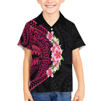 Hawaiian Tropical Plumeria Art Polynesian Tattoo Family Matching Off Shoulder Short Dress and Hawaiian Shirt Black and Bright Pink Color LT03 Son's Shirt Pink - Polynesian Pride